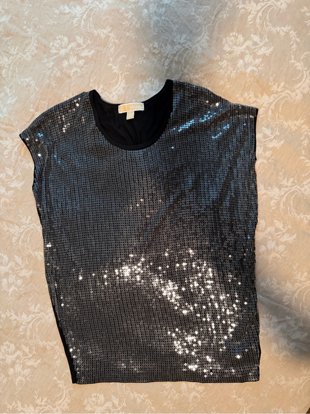 Michael Kors Black Sequin Short Sleeve Crew Top, Size Medium